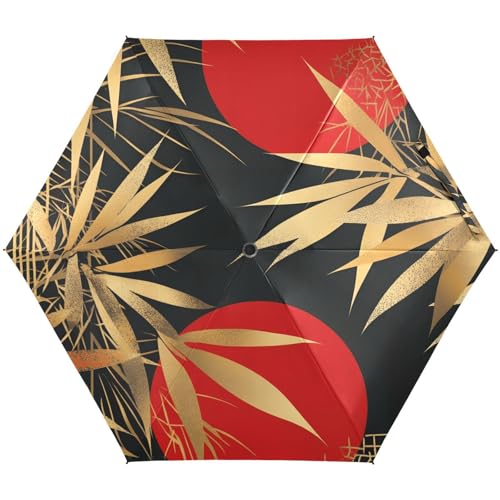 Quteprint 5 Fold Travel Umbrella for Rain Sun & UV Protection, Japanese Gold Bamboo Geometric Windproof 6 Ribs UPF 50+ Compact Lightweight Folding Umbrella for Adults & Kids