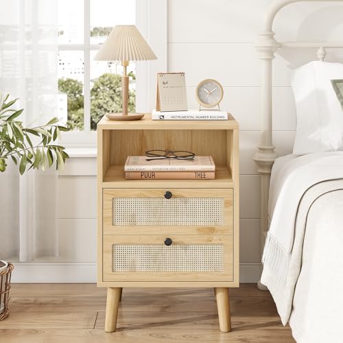 AOGLLATI Rattan Bedside Table with 2 Drawers and Open Shelf Boho Nightstand with Solid Wood Legs,Wood Bedside Cabinet,End Table with Storage for Living Room Bedroom,Natural (NO Charging Station, 1)