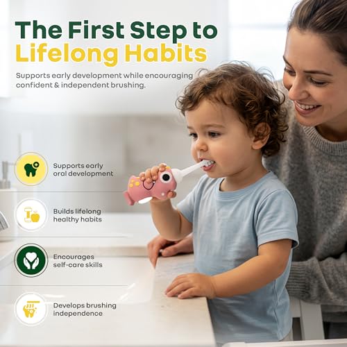 Image of R for Rabbit Tiny Smiles Dino Kids Toothbrush with Tongue Cleaner for Toddlers & Babies 2+ Years | Extra Ultra Soft PBT Bristles, Gentle on Gums | Cute 3D Dinosaur Easy Grip Handle | BPA Free (Peach)
