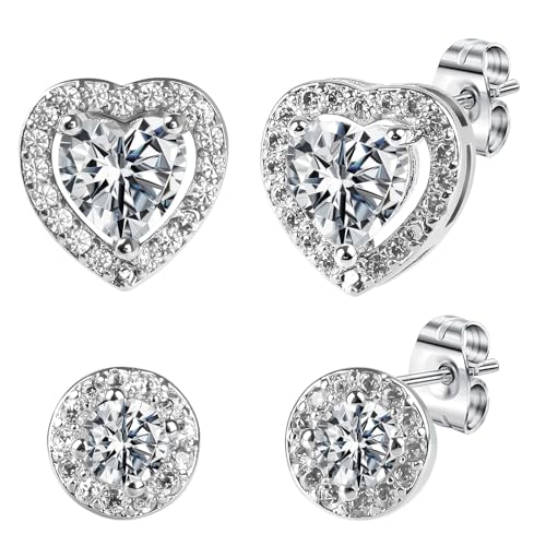 Silver Stud Earrings for Women, 2 Pairs Silver Earrings, Heart Round Hypoallergenic Earrings for Women Men Girls Cartilage Sleeper Earrings