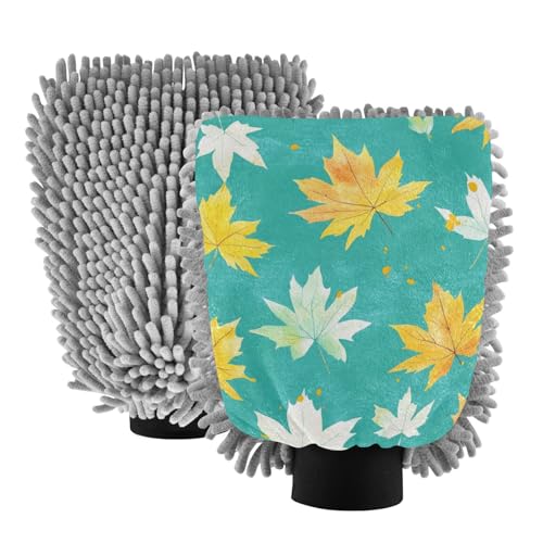 Watercolo - Manopla de microfibra para lavado de coche, color blanco, amarillo, hojas de arce, turquesa, guantes de lavado de coche