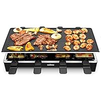 Cusimax Raclette Grill mit Reversible Grillpfanne, Steuerung Partygrill für 8 Personen,Stufenlos Regulierbare Temperatur, 8 Mini Pfännchen, Antihaftbeschichtung, CMRC-300, 1500W, Schwar