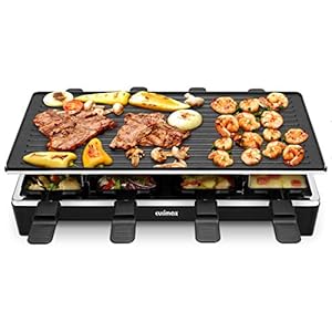 Cusimax Raclette Grill mit Reversible Grillpfanne, Steuerung Partygrill für 8 Personen, Stufenlos Regulierbare Temperatur, 8 Mini Pfännchen, Antihaftbeschichtung, CMRC-300, 1500W, Schwar