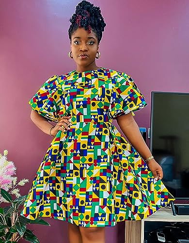 Image of Womens African Vintage Ruffle Trim Sleeve Ankara Tunic Swing Dress