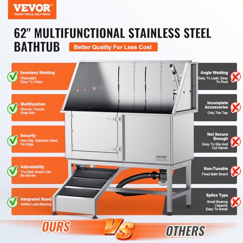 VEVOR 62" Pet Dog Bathing Station w/Ramp, Professional Stainless Steel Dog Grooming Tub w/Soap Box, Faucet,Rich Accessory,Bathtub for Large,Medium,Small Pet, Washing Sink for Home(Left) - Image 3
