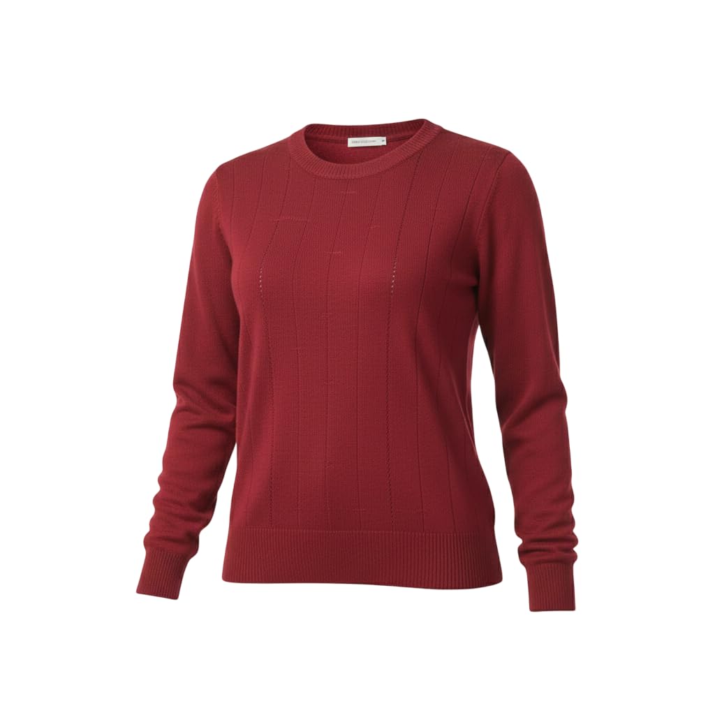 Maroon Woollen Top, Women's Round Neck Long Sleeve Sweater with Ribbed Hem-picture-39