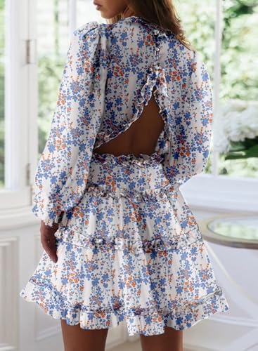 Dokotoo Womens 2025 Spring Summer Deep V Neck Long Sleeve Backless Ruffle Floral Flowy Mini Dress - Image 3