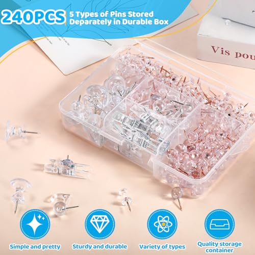 GOOLADA 240Pcs Clear Thumb Tacks,5 Style Thumbtacks, Clear Plastic Push Pins for Cork Board, Bulletin Boards, Wall - Thumbnail 3