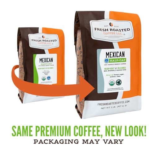 Image of Fresh Roasted Coffee, Organic Mexican Water-Processed Half-Caf Drip Ground Coffee, Medium Roast, USDA Organic, 3rd Party Tested for Mold, Mycotoxin & Pesticides, Kosher, 5 lb (80 oz)