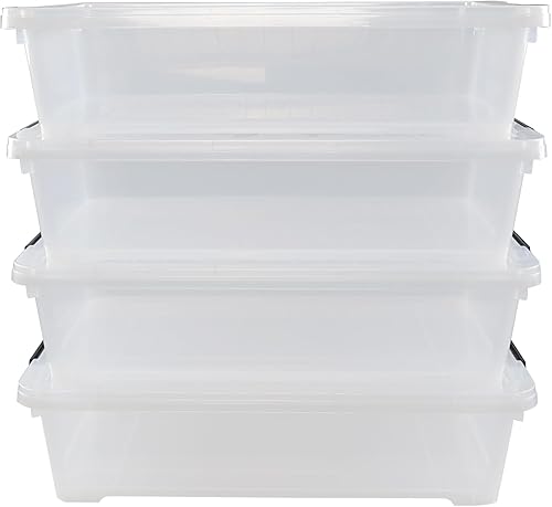 Paquete de 4 cubos de almacenamiento grandes poco profundos de 40 cuartos de galón, caja de plástico debajo de la cama con ruedas