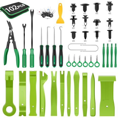 GOOACC 102Pcs Trim Removal Tool, Auto Push Pin Nylon Bumper Retainer Clip Set Fastener Terminal Remover Tool Round Handle Crowbar Kit Car/Radio Panel, Green