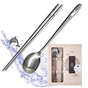 [5 Sets][Made in Korea] Sticky Korean Style Rice Spoon Chopsticks Set 430 Stainless Steel Soup Spoon Ramen Noodle Chopsticks Flatware (Whale)