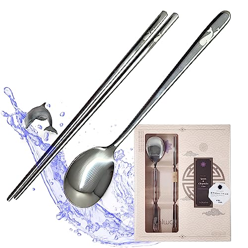 Balwoo [5 Sets][Made in Korea] Sticky Korean Style Rice Spoon Chopsticks Set 430 Stainless Steel Soup Spoon Ramen Noodle Chopsticks Flatware (Whale)