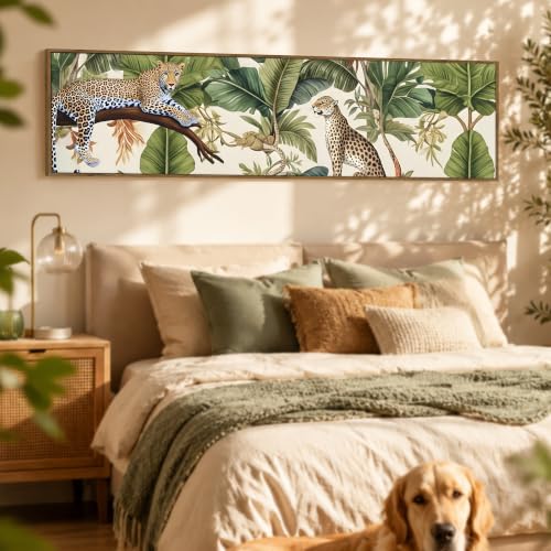 Image of Tropical Leopard Jungle Exotic Wildlife Canvas Framed Wall Art Painting For Living Room, Green Botanical Jungle Painting With Frame Tropical Leopard Wall Art For Home & Office, 13x47 Inch