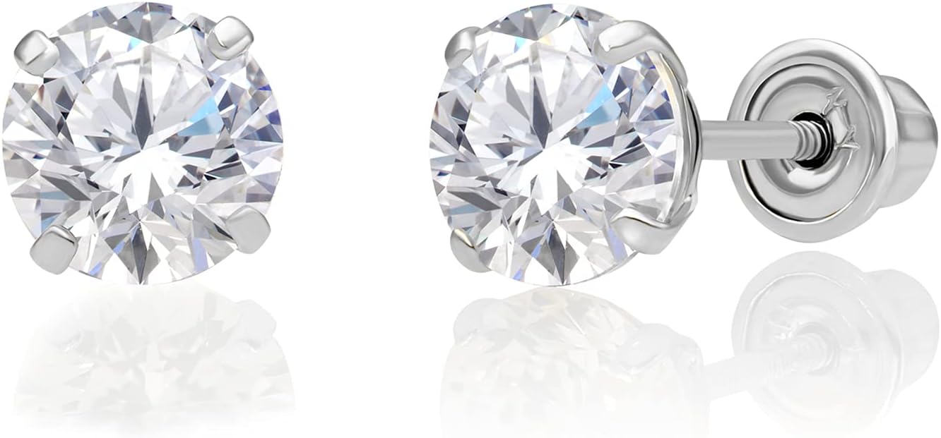 14k White Gold Solitaire Round Cubic Zirconia CZ Stud Earrings in Secure Screw-backs