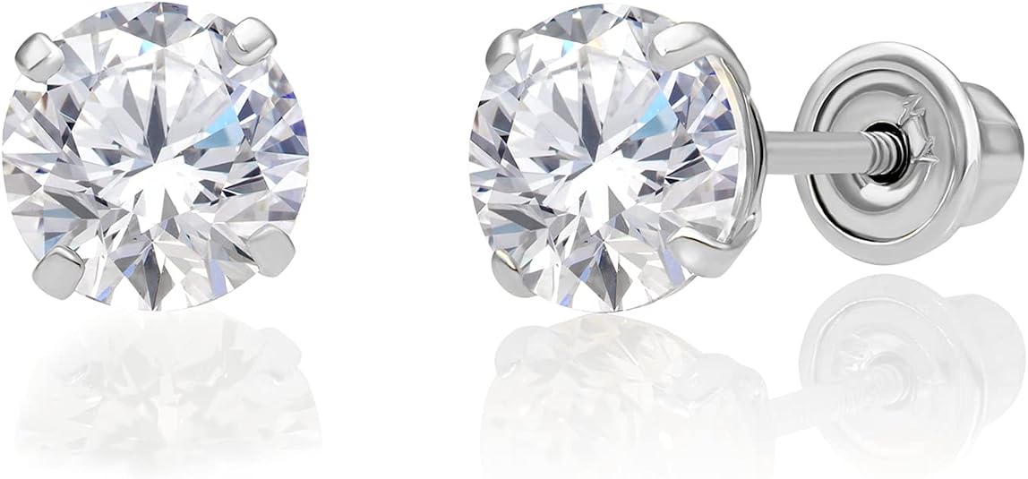 TILO JEWELRY 14k White Gold Solitaire Round Cubic Zirconia CZ Stud Earrings in Secure Screw-backs (5mm)…: Buy Online at Best Price in UAE