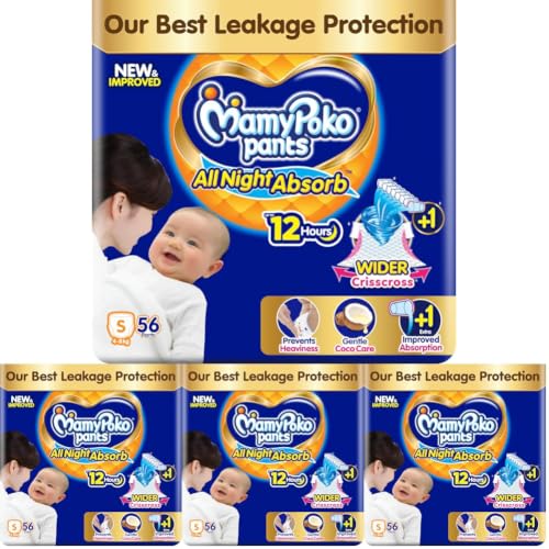 Image of MamyPoko New Pants All Night Absorb|Pant Style Baby Diapers Small Size(S), 56 Count, Ideal for 4-8Kgs|1 Diaper: Upto All Night Absorption now with increased power of +1glass|Wider Crisscross Sheet