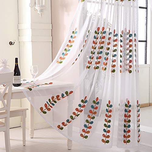 VOGOL Lot de 2 rideaux transparents de 243 cm de long, feuilles colorées brodées avec passe-tringle pour salon/chambre à coucher, 132 x 243 cm Cover