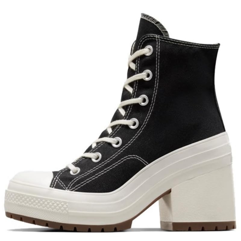 Womens Large-Size White High-Top Canvas Shoes - Thick Sole Chunky Heel Round Toe Lace-Up Style black 41
