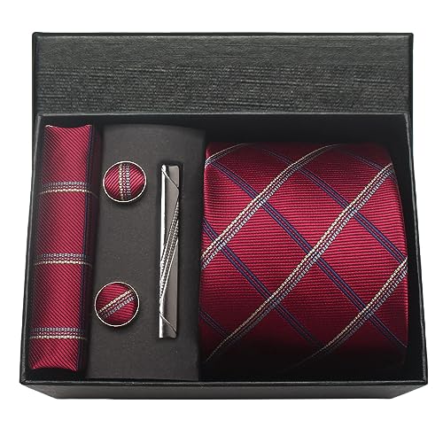 Image of Striped Plaid Polka Dot Mens Tie Formal Necktie Pocket Squares Ties Clips Cufflinks Classic for Men Set