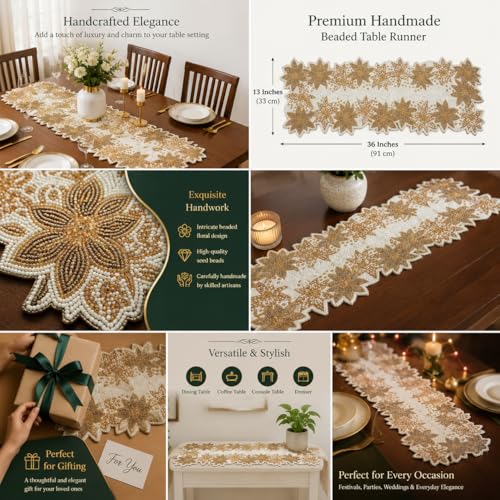 Image of Made for You Beaded Handmade Table Runner 13x36 Inch Yellow Sunflower Design | Decorative Rectangular Table Runner for Dining Table, Center Table, Coffee Table