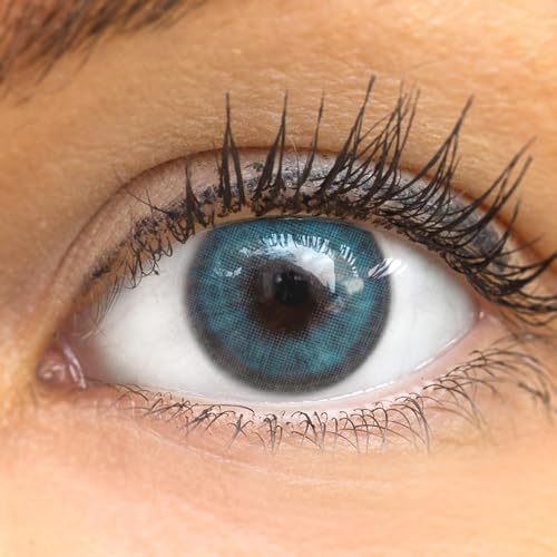 GLAMLENS lentilles de couleur blu naturelles colorées très haute opacité (Lugo Blue) + étuis à lentilles de contact 1 paire (2 pièces) 90 Jours sans...