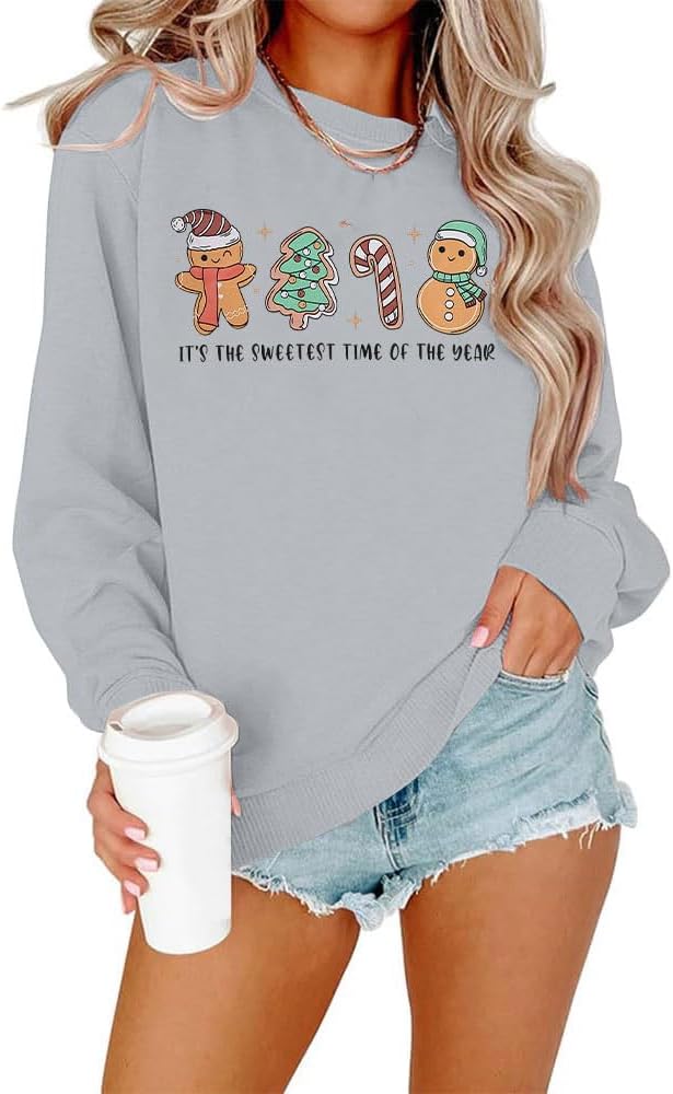 FRYAID Christmas Shirt Women Funny Gingerbread Graphic Sweatshirts Merry Christmas Long Sleeve shirts Casual Pullover Tops