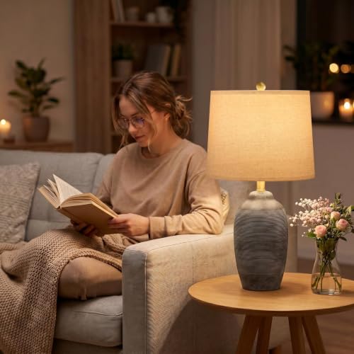 Image of 24.5 inch Vintage Ceramic Table Lamp Single-Rustic Boho Accent Nightstand Lamps for Bedroom, Living Room, Entryway-Small Textured Bedside Lamps, Modern Farmhouse Table Lamps for Home Decor Gray