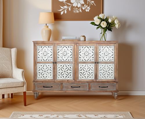 Image of Hallway Cabinet - Solid Wood Farmhouse Storage Cabinet,Vintage Entry Way Cabinet with Storage,French Country Sideboard Buffet with Doors and Shelves