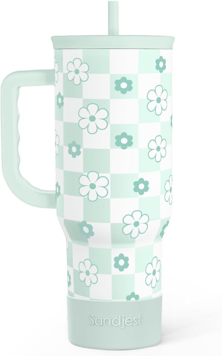 SANDJEST 40oz Daisy Flower Tumbler with Handle and Straw - Insulated Stainless Steel Coffee Travel Mug for Women Girls, Floral Gift Idea for Birthday Christmas