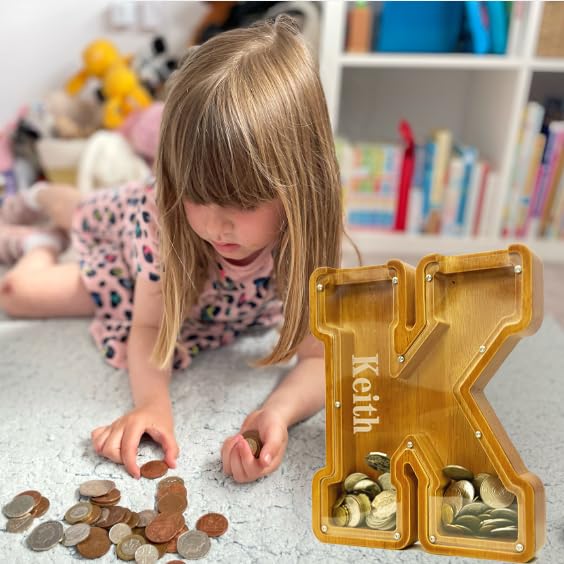 Miniatura 6 de Alcancía personalizada del alfabeto de madera, alcancía para niños y niñas, alcancía para monedas, se puede utilizar como regalo de Navidad y