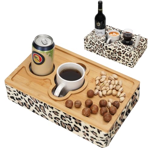 Couch Cup Holder Pillow with Bamboo Tray - Cup Glass Cozy Pillow | Couch Caddy Sofa Bed Buddy Holds Drinks, Snacks, Remotes, Phones, Tablet. Keep Drinks Stand and Prevent Spills - LeopardYellow