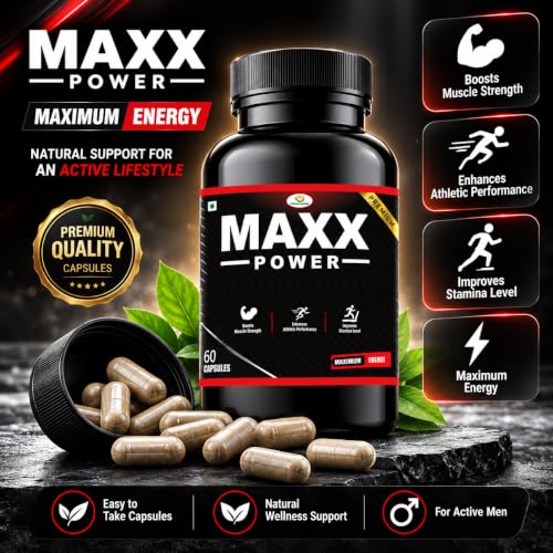 Image of Maxx Power Herbal Capsules for Men with Ashwagandha, Shilajit, Kaunch Beej & Safed Musli | Supports Energy, Strength, Stamina & Men's Wellness | Daily Herbal Supplement | 60 Veg Capsules