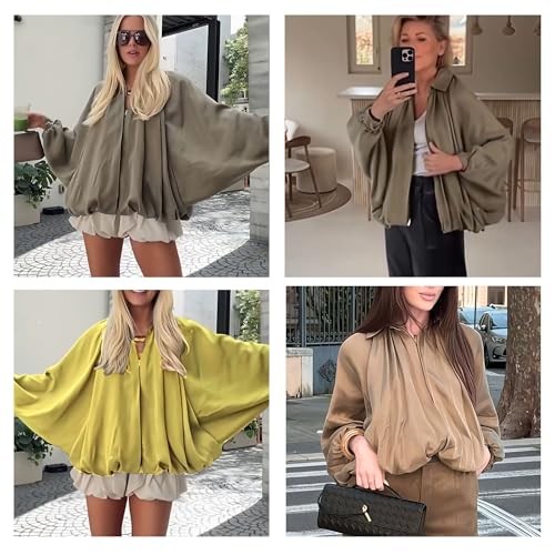 Xunger Women's Puffed Bomber Jacket Oversized Streetwear Casual Batwing Sleeve Lapel Collar Zip Front Pleated Shirts4