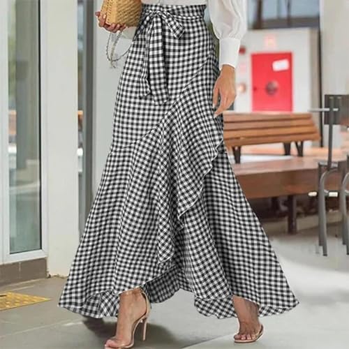 Women Boho High Waist Wrap Skirt Plaid Flowy Skirts Maxi Skirt with Slit Ruffle Hem High Low Skirts Waist Tie Clothes2