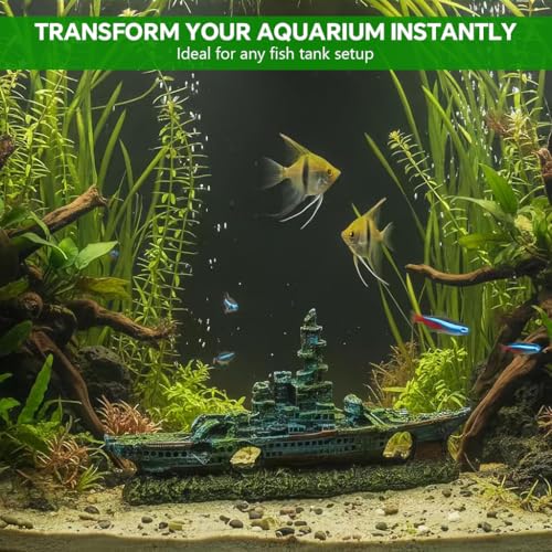 Image of Qpets Shipwreck Aquarium Decoration, Vintage Resin Fish Tank Ornament with Hiding Cave, Aquarium Decorative Item for Freshwater & Saltwater Aquariums