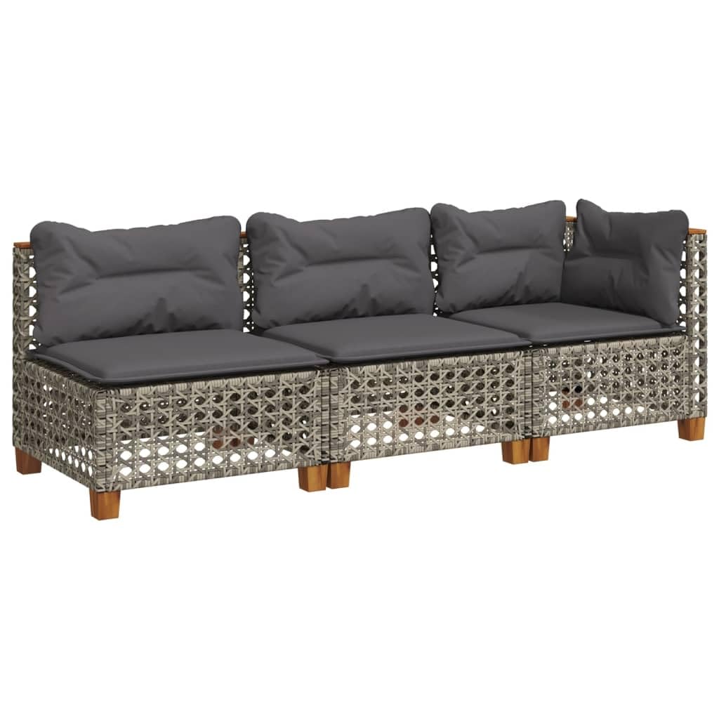 vidaXL Gartensofa 3-Sitzer, Gartensessel mit Kissen, Modular Loungesofa für Garten Terrasse, Sofa Garnitur Gartenmöbel, Grau Poly Rattan
