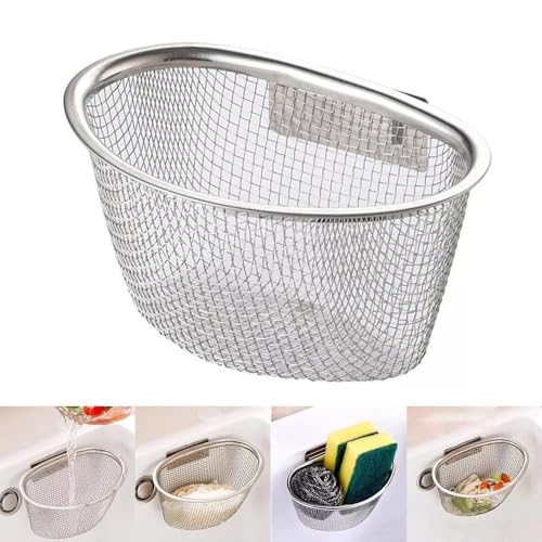 Image of Kitchen Sink Drain Strainer Basket, Faucet Hanging Design, Waste Holder & Food Scrap Filter Cup, Plastic Organizer, Scrubber Waste Leaves, Daily Use, Vegetables Scraps Sink, Easy Clean (Steel)