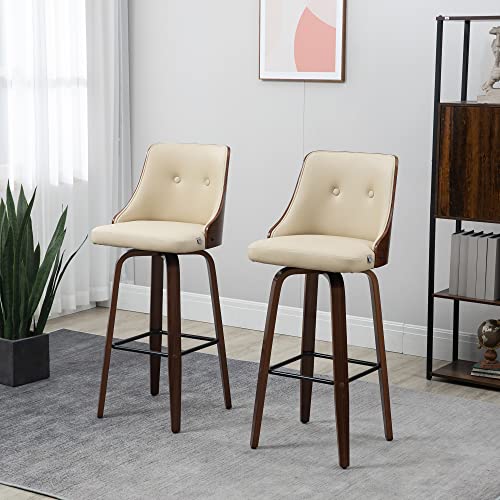 Homcom Bar Height Bar Stools, Pu Leather Swivel Barstools With Footrest And Tufted Back, Set Of 2, Beige #TOP1