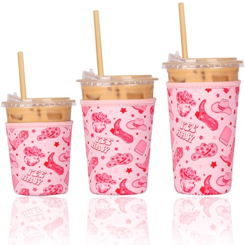 Image of Reusable Insulated Neoprene Iced Coffee Cup Sleeve, Durable Drink Sleeve for Cold Beverages, Beverage Holder for Iced Coffee (Pink Cowgirl)