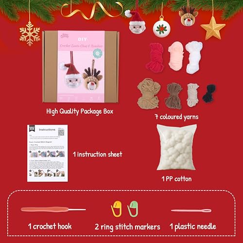 Image of HOUSE CREATIVITY Christmas Crochet Kit for Beginners - Make Santa Claus & Reindeer Ornaments, Amigurumi Crochet Starter Kit with Video Tutorial, Yarn & Hook, DIY Holiday Tree Decor Gift