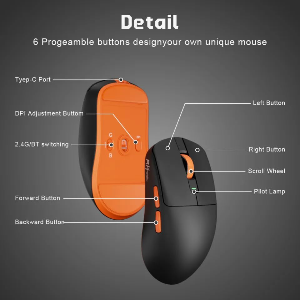Image of RK ROYAL KLUDGE RK M30 Wireless Gaming Mouse with RGB Lights, Ergonomic Design, Adjustable DPI and Smooth Precision for PC & Laptop - Black Orange (Black Orange, Wireless)