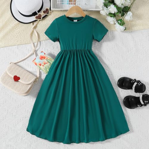 Toddler Baby Girls Green Short Sleeve Pleated Skirt Kids Summer Long Dress Maxi Skirt with Nipped Waist Wide Swing2