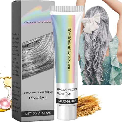 2 In 1 Natural Essence Extract Silver Hair Dye,Silver Gray Natural Hair Dye Cream,Metallic Sil/ver Gray H/air Dy/e,H/air D/ye Permanent for Daily Use,Durable and Easy to Operate,Grey Hai/r Color
