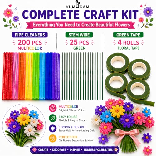 Image of Pipe Cleaners for Craft Flower Making,Fuzzy Chenille Stems and Fluffy Sticks with Floral Tape and Wire, for Kids Arts and Crafts|Random colors (pipe cleaners-200 /stem wire-25 /green tape-4)