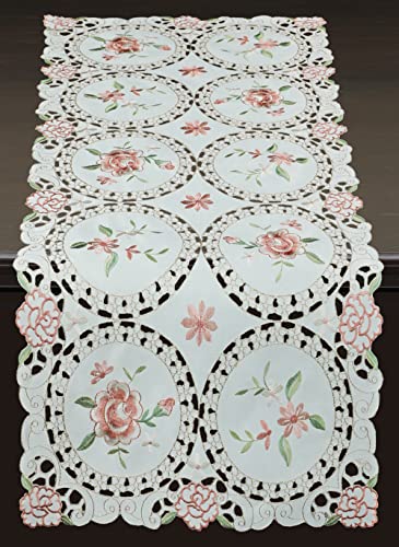 Creative Linens Embroidered Pink Rose Daisy Floral Table Runner Dresser