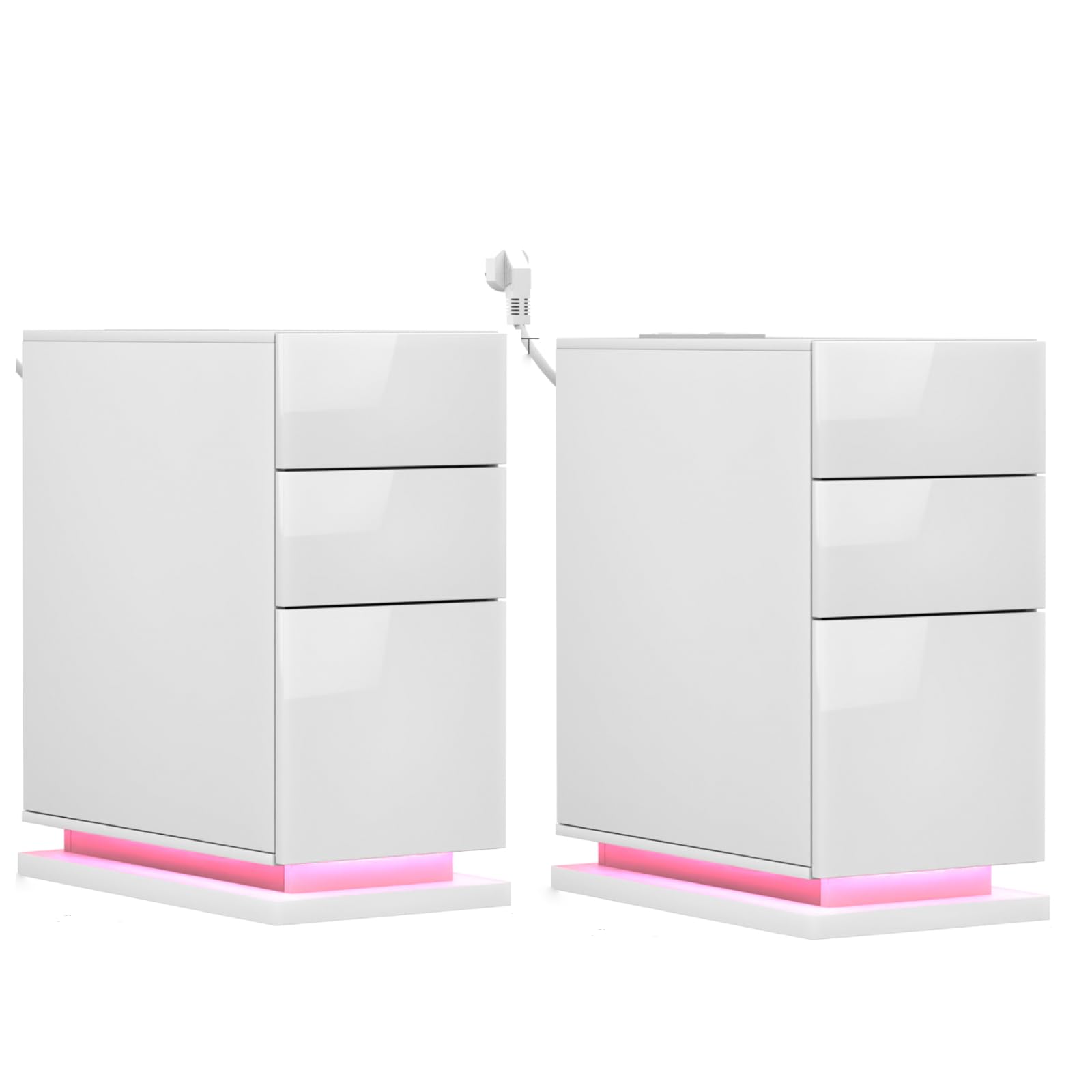 Juego de 2 Estrecha Mesilla de Noche con Estación de Carga y LED, Brillante Mesa Auxiliar con 3 cajones, para Dormitorio, Salón, Estudio, Blanco