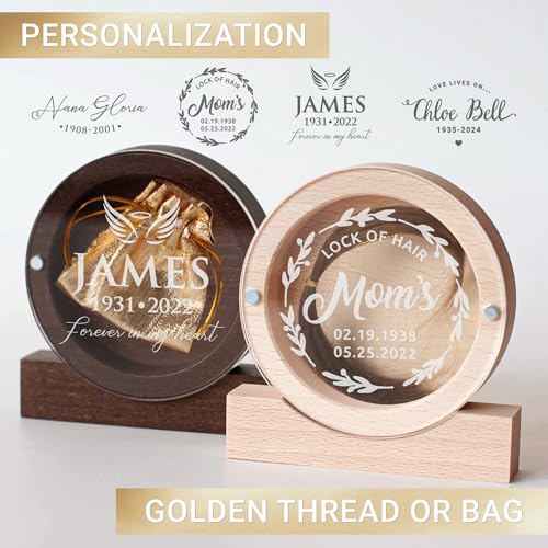 Image of Personalized Keepsake for Bereavement Gift, Lock of Hair Memorial, Sympathy Gift for Loss of Mother, Grandmother, Dad, Daughter, Son, Mom, Clear Lid (Light Wood Round)