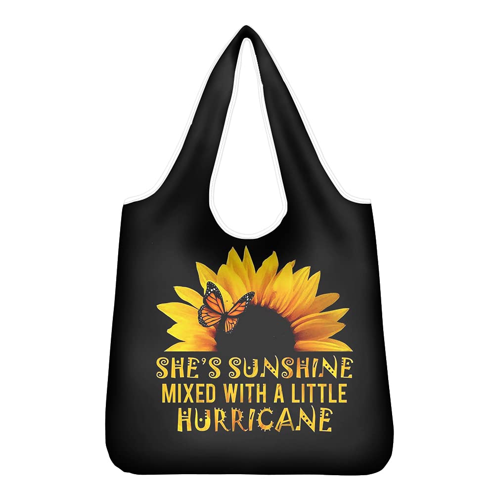 UOIMAGButterfly Sunflower Grocery Bags for Women, She's Sunshine Mixed with A Little Hurricane Sunflower Shopping Shoulder Bag