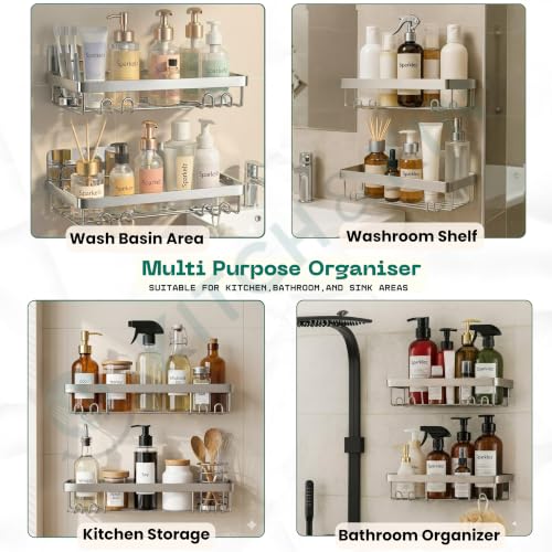 Image of KITCH & KIN 2-Piece Stainless Steel Bathroom & Washroom Organizer Shelf - Dual Mount Wall Storage Rack with Self Adhesive or Drill Option, Space-Saving Kitchen Organiser